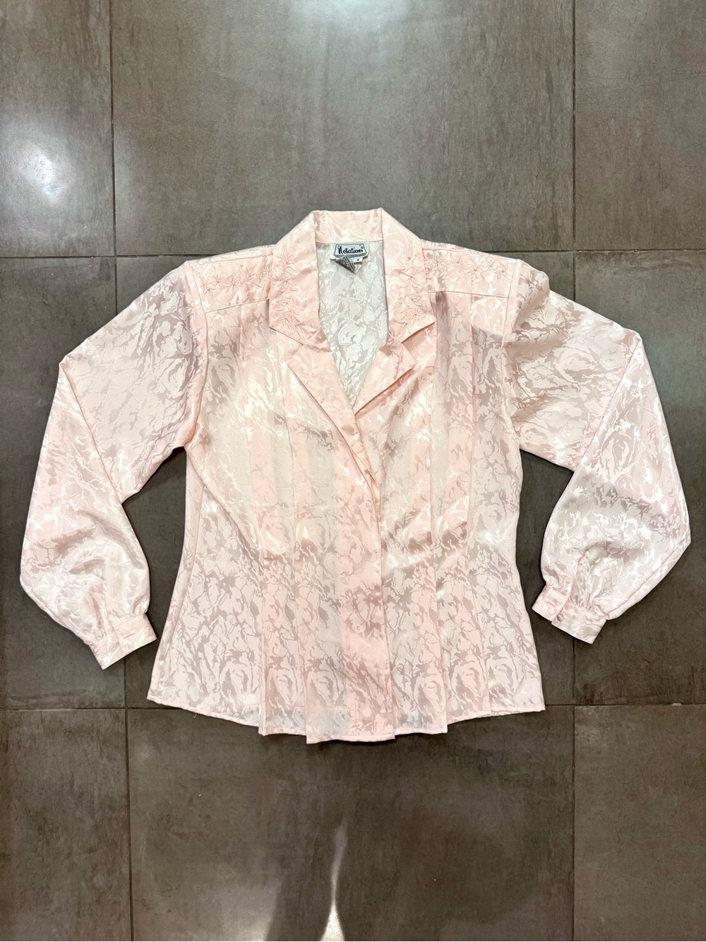 Vintage 80s Pale Pink Marbled Satin Jacquard Blouse
